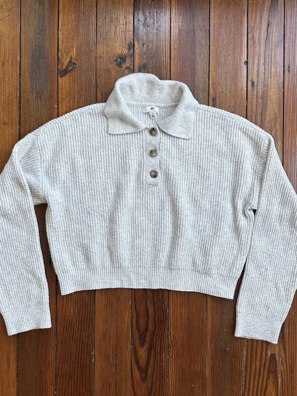 bp Oatmeal Cropped Collared Button Pullover Sweater